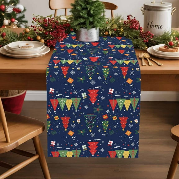 Abstract Red Green Christmas Tree Table Runner 13x90in Non-Slip Cotton Linen Table Runners, Winter Snowflake Dresser Scarves TableRunner for Dinner Kitchen Dining Wedding Party
