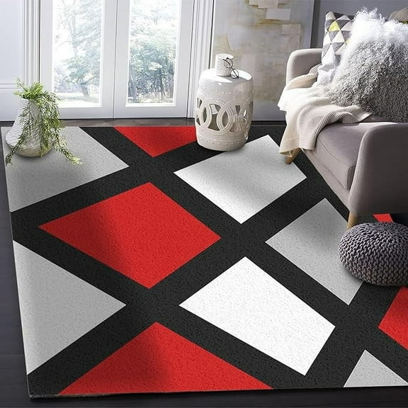 Abstract Red Grey Area Rugs, Geometric Modern Minimalist White Lattice Soft Washable Carpet, Upholstery Rug With Non-Slip Backing For Kids Boys Girls Bedroom Living Room Dining Room 4 x 5ft