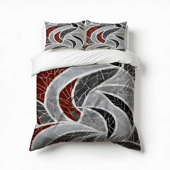Abstract Red Grey Mosaic Art Bedding Set 3 Pcs Soft Microfiber Quilt Cover For Bedroom Decor, Comforter Cover With 2 Pillowcase