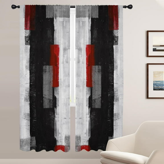 Abstract Red and Grey Window Curtains for Bedroom 42 x 84 Inch Mordern Black White Art Minimalist Lattice Stitching Design Living Room Treatment Set of 2 Curtain Panels Drapes