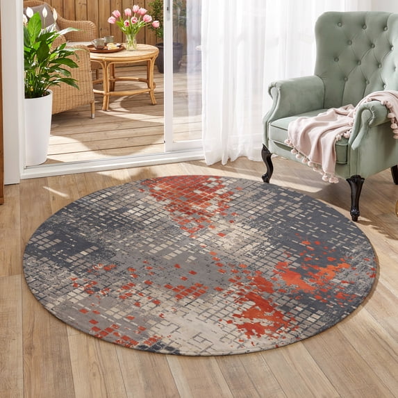 Abstract Red Grid Area Rug 5', Non-Slip Washable Round Indoor rug ...
