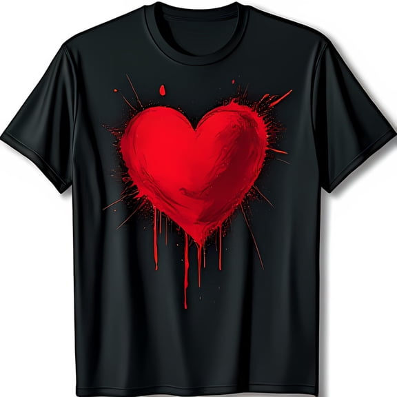 Abstract Red Heart Splatter Design Black T-Shirt Bold & Unique Statement Piece