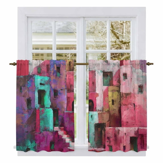 Abstract Red Kitchen Curtain for Berdoom Living Room Cafe 45 Inch Length, Painting Buildings Geometric Color Block Tiers Curtains Light Filtering Drapes Rod Pocket Window Treatment 2 Panels 52"Wx45"L