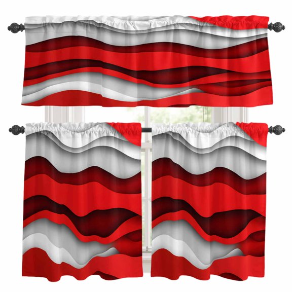 Abstract Red Kitchen Curtains Valances and Tiers Set of 3 Gray Geometric Gradient Ocean Waves Modern Tier Curtains and Valance with Rod Pocket for Small Windows, 27.5"x24"