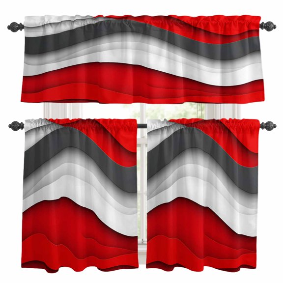 Abstract Red Kitchen Curtains Valances and Tiers Set of 3 Gray Gradient Ocean Waves Geometric Modern Tier Curtains and Valance with Rod Pocket for Small Windows, 27.5"x24"
