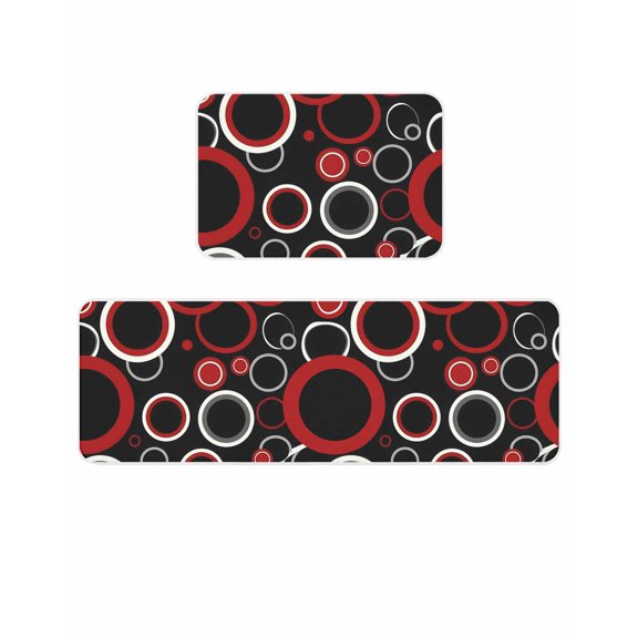 Abstract Red Kitchen Mats for Floor 2 Piece, Black Circle Modern Geometric Art Absorbent Non-Slip Kitchen Rugs Comfort Standing Mat for Laundry, Hallways 20"x24"+20"x48"