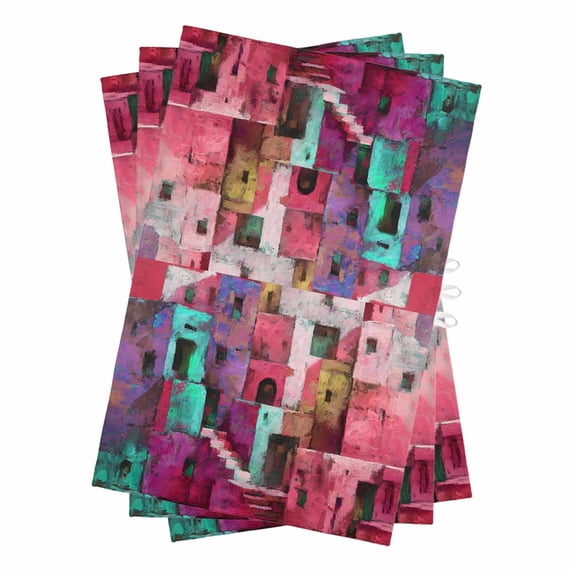Abstract Red Kitchen Towels Set of 3, Water Absorbent Dish Towel, Painting Buildings Geometric Color Block Decorative Hand Towels - Quick Drying Cloth for Cooking Baking, 18x28 Inch