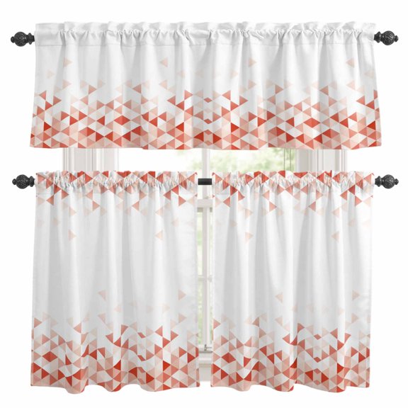 Abstract Red Mosaic Kitchen Curtains and Valances Set, Modern Minimalist Geometric Gradient Red Plaid 3 Piece Curtains Valances and Tiers Set Rod Pocket for Kitchen Bathroom Windows 24 Inch