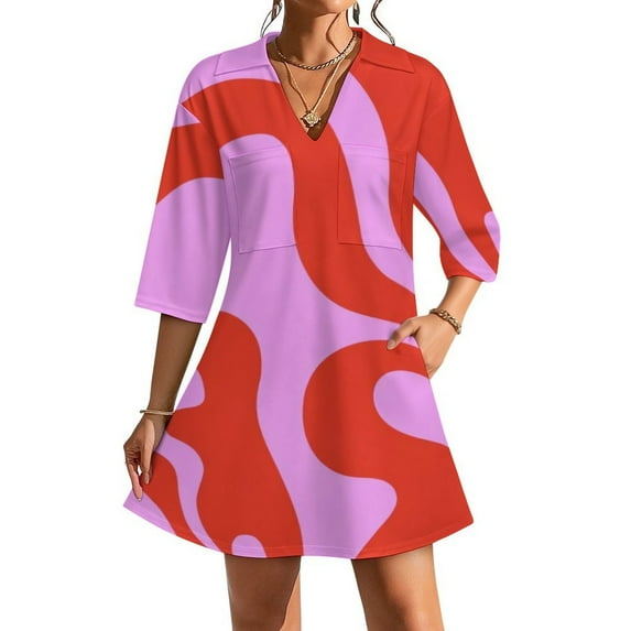 Abstract Red Pink Swirl Pattern Womens Dress With Pockets Summer V Neck 3/4 Sleeve Dress Plus Size Loose Dress