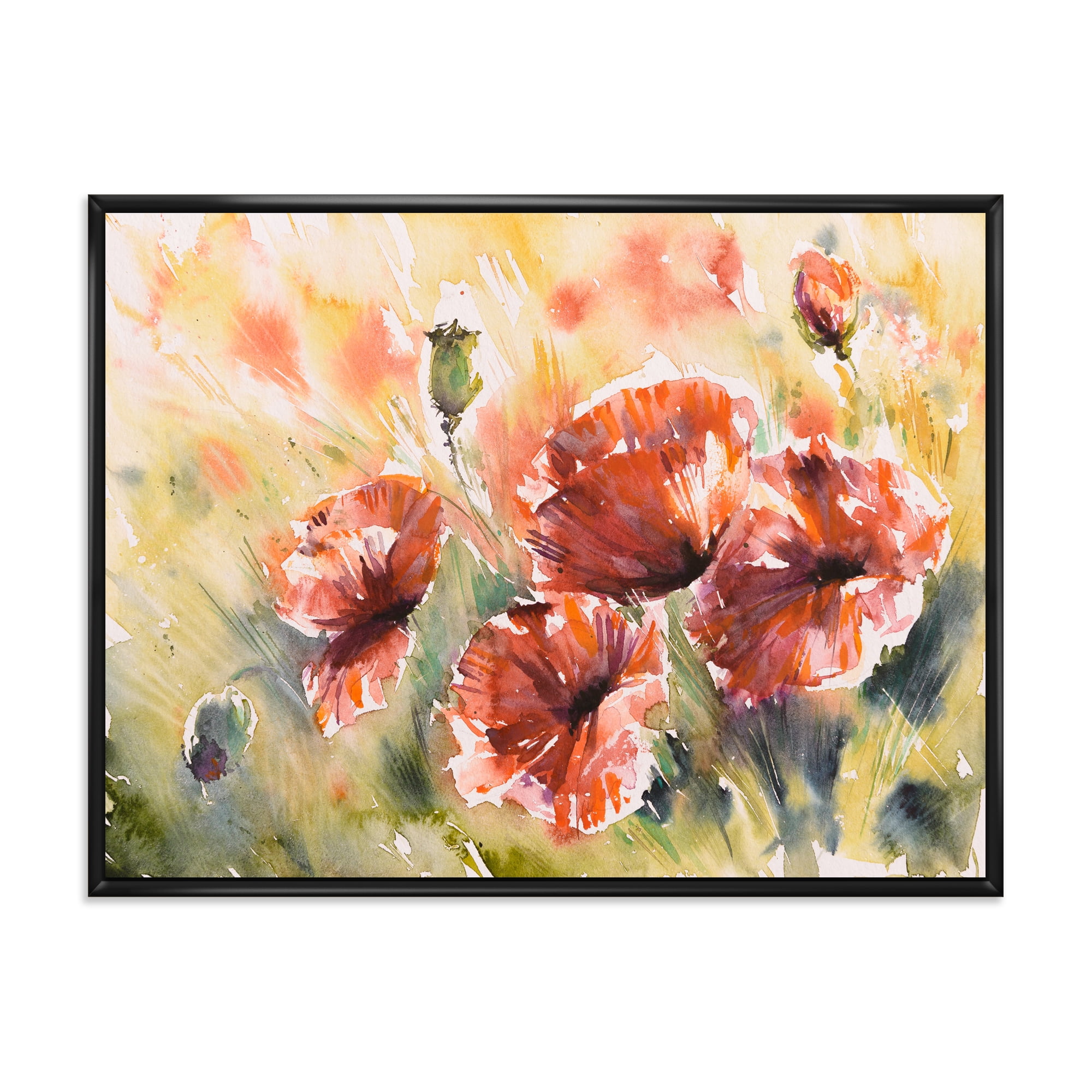 Abstract Red Poppy On A Field 32 in x 24 in Framed Painting Canvas Art Print, by Designart