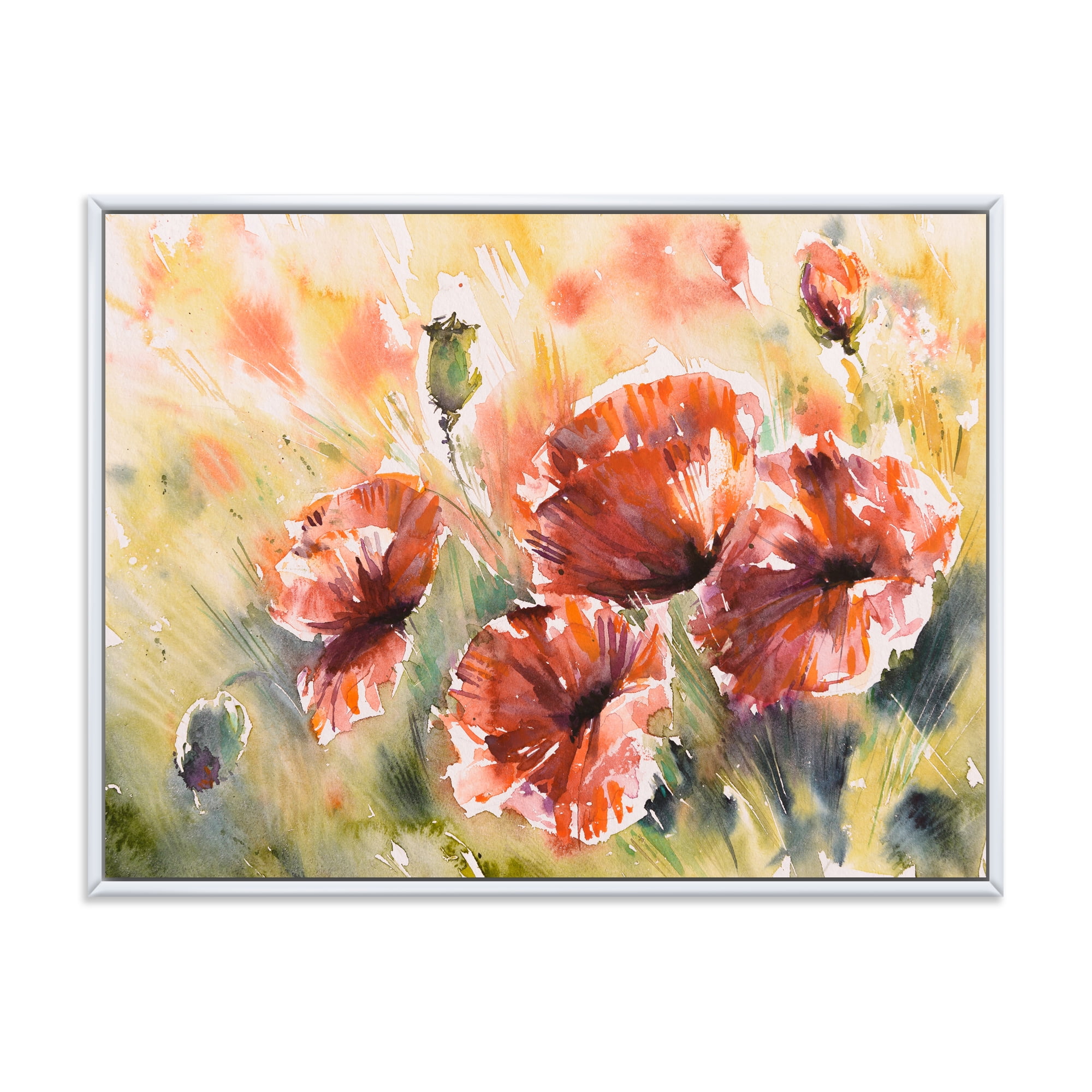 Abstract Red Poppy On A Field 40 in x 30 in Framed Painting Canvas Art Print, by Designart
