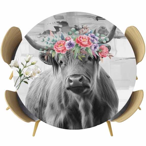 Abstract Red Purple Flowers Cow Fitted Round Tablecloths Table Covers 45"-54",Waterproof Table Cloth for Kitchen Holiday Party Tables Decor