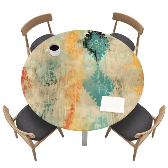 Abstract Red Round Fitted Tablecloth Yellow Green Argyle Geometric Retro Bohemian Elastic Table Cloth Waterproof Oil Proof Table Cover Fits 45"-54" Round Tables for Party Picnic Dinner Decor