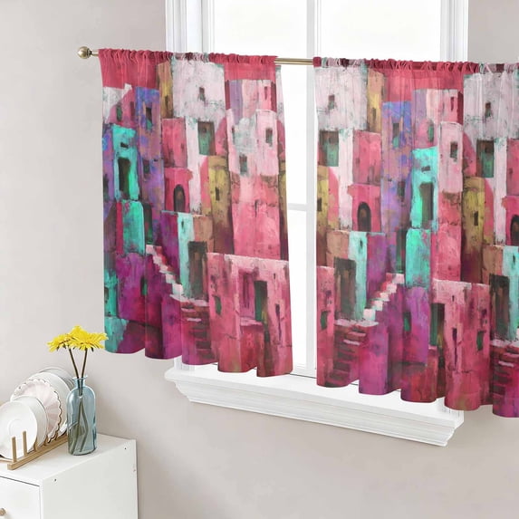 Abstract Red Sheer Curtains 45 Inches Length 2 Panels Set, Window Sheer Curtains for Living Room/Bedroom, Painting Buildings Geometric Color Block Light Filtering Rod Pocket Curtain 52''x45''x2