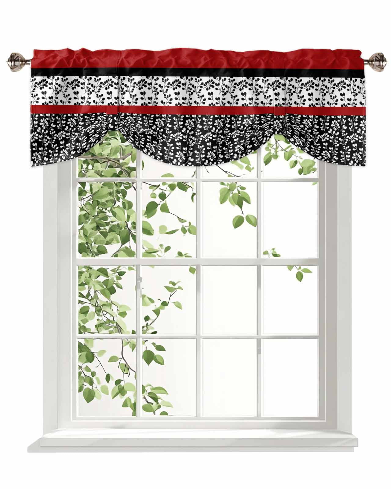 Abstract Red Tie Up Valances Curtain, Adjustable Kitchen Black Stripes Floral Plant Modern Vintage Valances for Windows Decor, Rod Pocket Short Curtains Set for Bedroom/Bathroom, 54"x18"