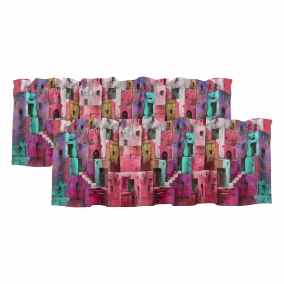 Abstract Red Valances for Windows, Decorative Rod Pocket Window Valance Curtains, Painting Buildings Geometric Color Block Short Curtain Drapes for Kitchen/Living Room, 2 Panels, 42" W x 12" L