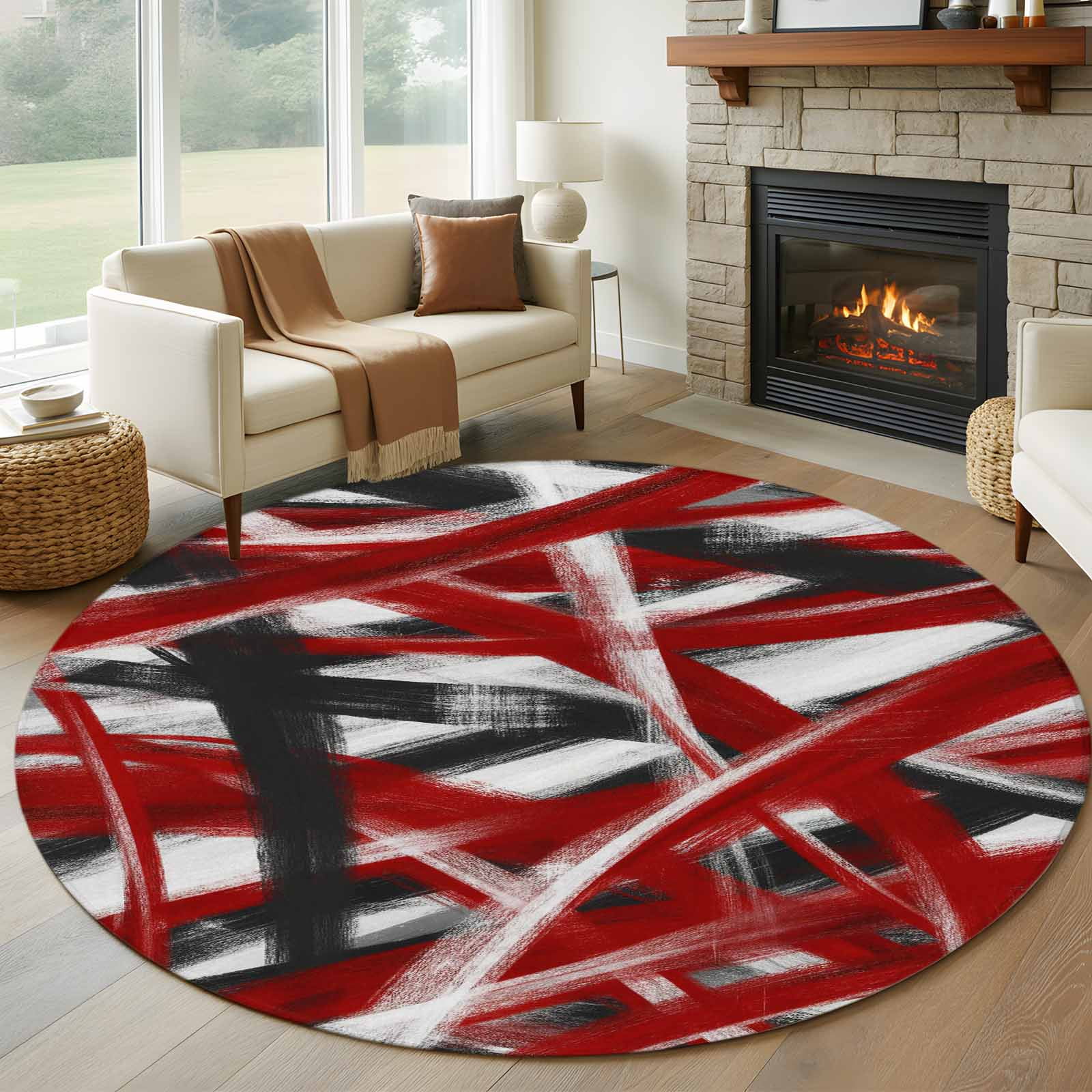 Simple Rug Red Abstract Red Waves Round Rugs for Living Room 7ft Modern Minimalist Red ...