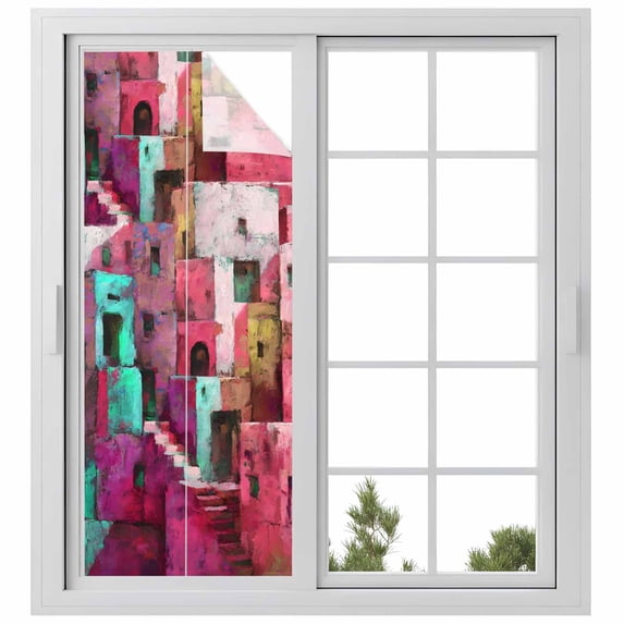 Abstract Red Window Privacy Film, Painting Buildings Geometric Color Block Static Cling UV Sun Blocking Heat Control Window Tint Day and Night, Non-Adhesive One Way Privacy Cover 29.5''x78.7''