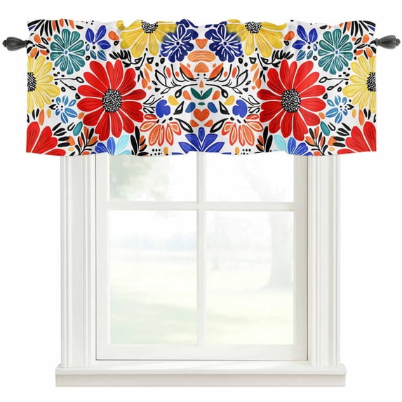 Abstract Red Yellow Flowers Window Valance Curtain Hand Drawn Floral Rod Pocket Short Curtain for Living Room, Bedroom & Kitchen Window Decor 42x18in