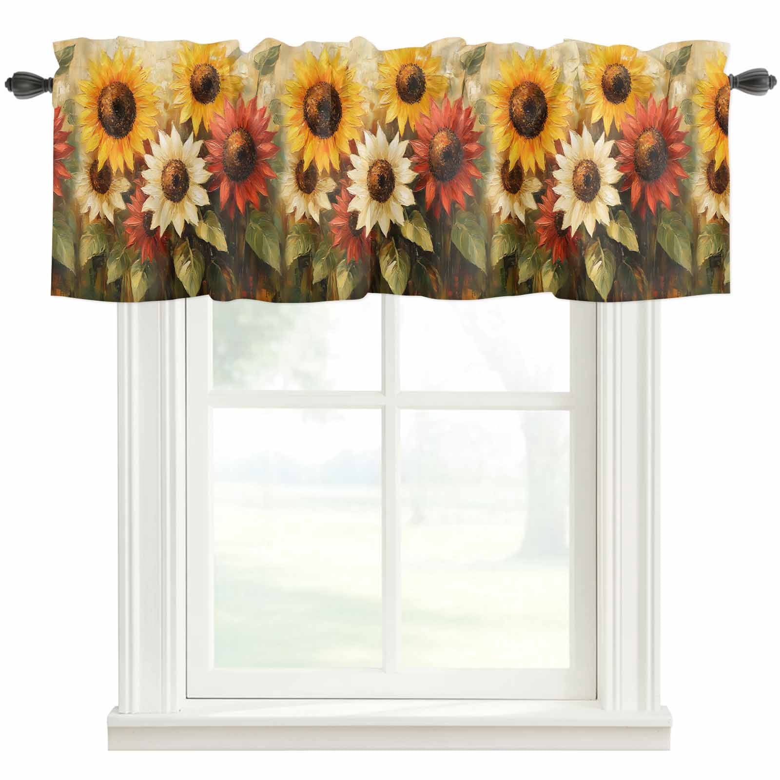 Abstract Red Yellow Sunflower Floral Window Valance Curtain Oil ...