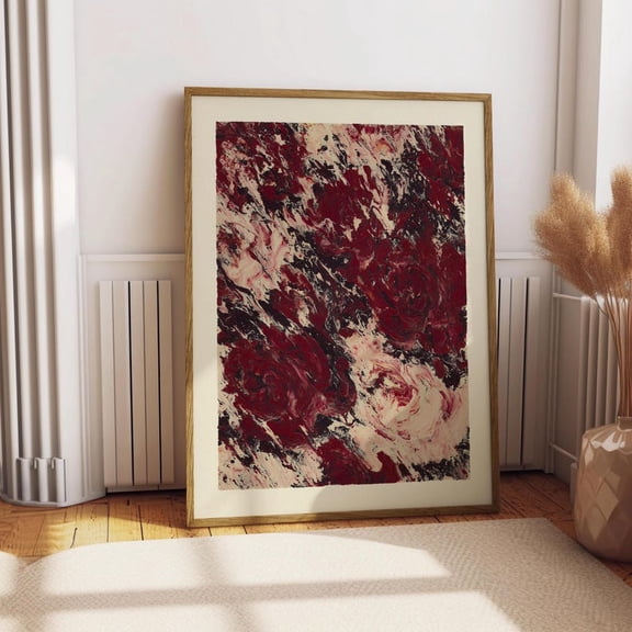 Abstract Red and White Roses Swirl Art Print, Modern Maroon Wall Art, Contemporary Textured Artwork for Home Decor 24x36 Unframed Poster