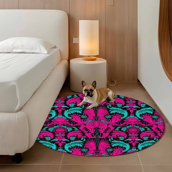 Abstract Retro 3ft Round Rug for Bathroom Accent Bedside Corner, Feather Dot Pink Green Black Texture Washable Non Slip Circle Area Rug for Small Spaces