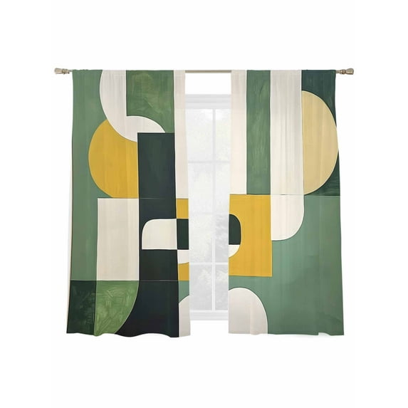 Abstract Retro Art Sheer Curtains for Living Room Bedroom, Light-filtering Sheer Curtain, Watercolor Green Geometric Theme Rod Pocket Voile Window Treatment Drapes, 52’’Wx63’’L, 2 Panels Set
