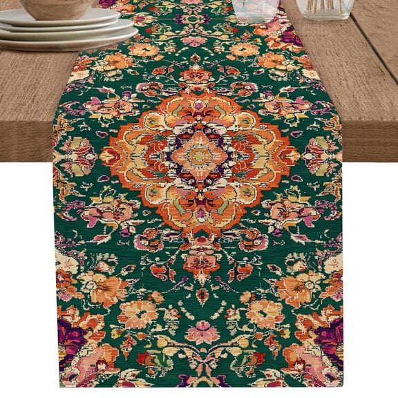 Abstract Retro Bohemian Flower Leaves Table Runner-70 Inch Long Tribal Farmhouse Table Runners Linen Burlap Tablerunner for Kitchen Dining Room Holiday Party