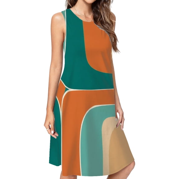 Abstract Retro Color Block Art Casual Sleeveless Loose Sundress Dress For Women Summer Dress Daily Woman