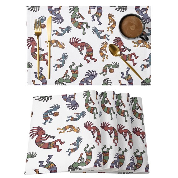 Abstract Retro Cotton Linen Placemats Set of 8, Tribes Man Playing Music Cartoon Washable Table Place Mats Heat Insulating Placemat for Dining Room Kitchen Daily Use 13 x 19 Inch