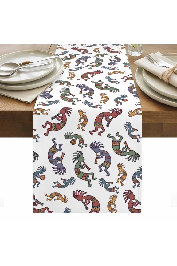 Abstract Retro Cotton Linen Table Runner Tribes Man Playing Music Cartoon Dining Table Runners for Home Decor Party Dining Room Restaurant Kitchen Party 13" x 36"