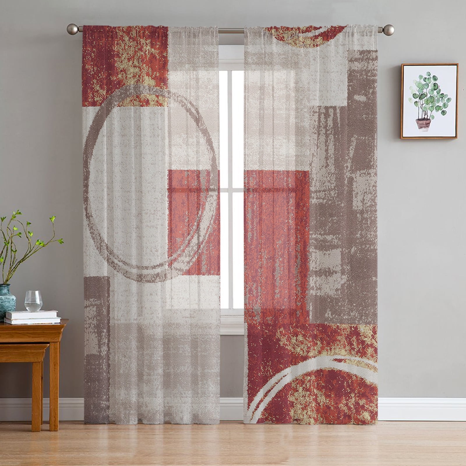 Abstract Retro Distressed Red Texture Tulle In Sheer Curtains For