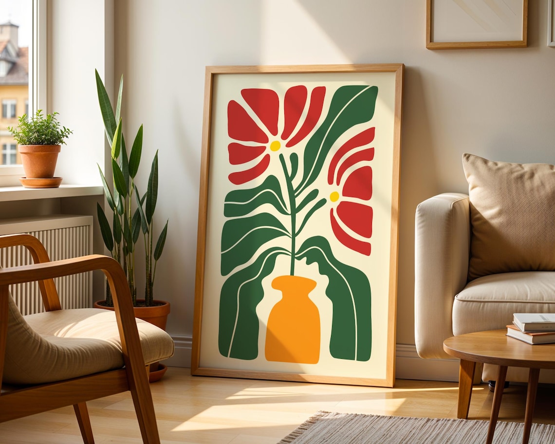 Abstract Retro Floral Wall Art Boho Flower Red Botanical Mid Century ...
