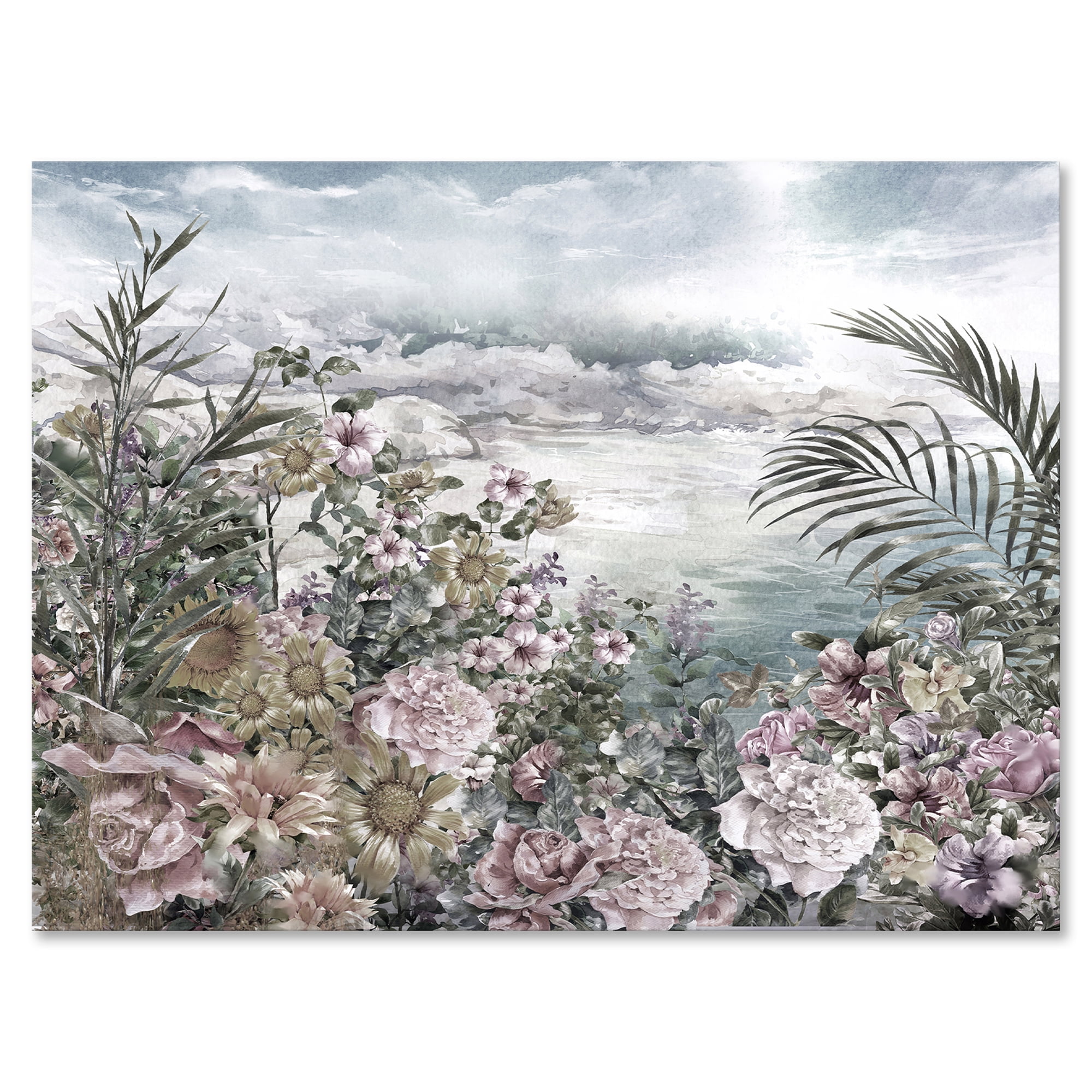 Abstract Retro Flowers By The Sea Side 32 in x 16 in Painting Canvas Art Print, by Designart