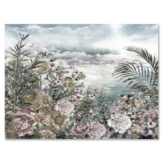 Abstract Retro Flowers By The Sea Side 32 in x 16 in Painting Canvas Art Print, by Designart