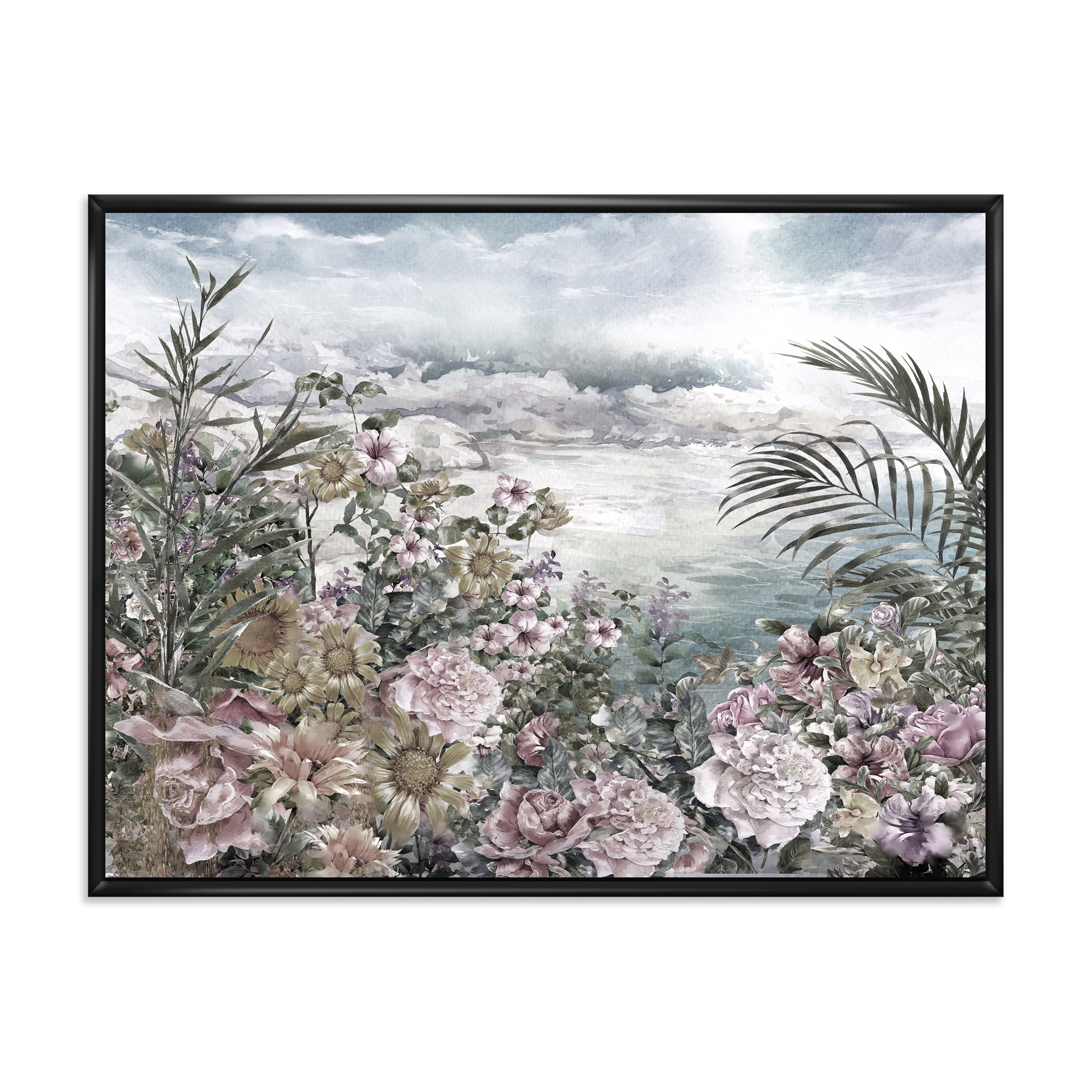 Abstract Retro Flowers By The Sea Side 40 in x 30 in Framed Painting Canvas Art Print, by Designart
