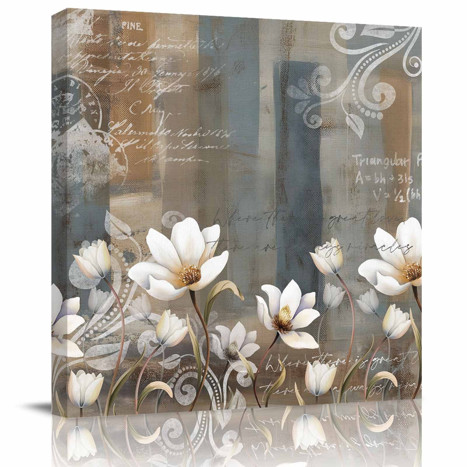 Abstract Retro Flowers Framed Canvas Wall Art, Art White Floral Blue Brown Mottled Wall Art Painting for Living Room Bedroom Home Decor, 16”x16”, Office Artwork Print