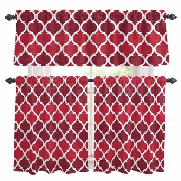 Abstract Retro Kitchen Curtains Valances and Tiers Set of 3 Moroccan Red Ombre Geometric Tier Curtains and Valance with Rod Pocket for Small Windows, 27.5"x24"