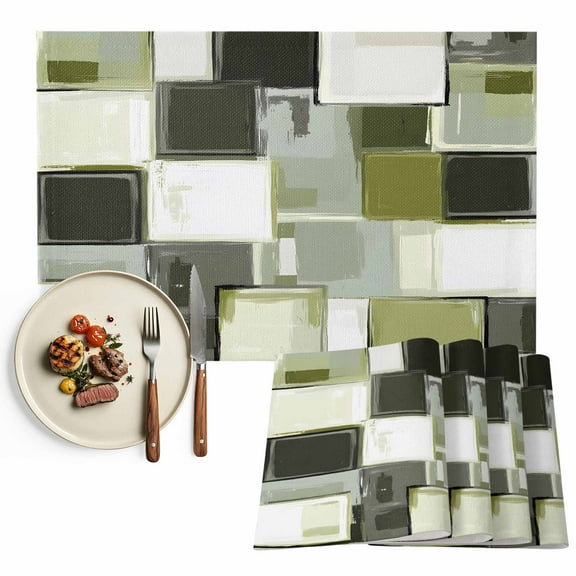 Abstract Retro Placemat of 1 PC, Geometric Block Pattern Table Mats Washable Heat-Resistant Non-Slip Place Mats for Kitchen Dinner Table Indoor Outdoor Decor,13x19 Inch Sage Green Gray
