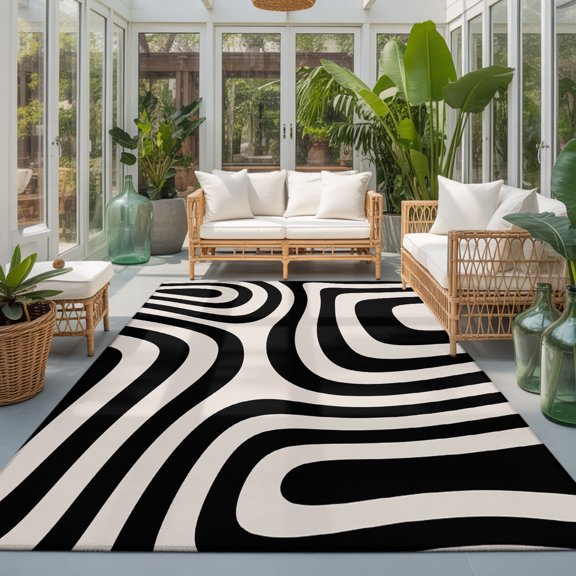 Abstract Ribbon Bands 5'x7' Rugs for Living Room Sofa and Coffee Table Layout, Modern Minimalist Boho Black White Geometric Washable Stain Proof Non Slip Rectangle Play Area Rug