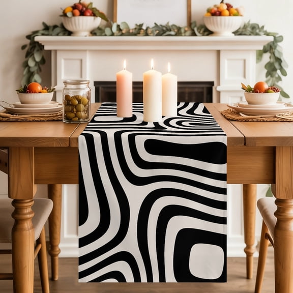 Abstract Ribbon Bands Dining Table Runner, Modern Minimalist Boho Black White Geometric Washable Table Runners Kitchen Coffee Table Center Decor for Home Party Holiday Wedding 13 x 36 Inches