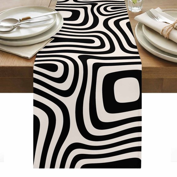 Abstract Ribbon Bands Table Runner, Modern Minimalist Boho Black White Geometric Washable Kitchen Table Runners Dress Scarves for Dining Table Decorations Party/Restaurant/Indoor Outdoor Use, 13x36in