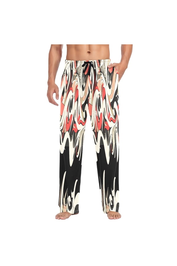 Abstract Ribbon Pattern Mens Cotton Pajama Pants Long Staple Lightweight Sleep Bottoms with Pockets Breathable