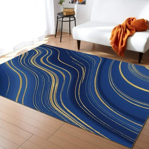 Abstract Ripple Curve Art Area Rug, Navy Blue Stripes Gold Home Decor Rug, Easy Clean Carpet With Anti-Slip Backing Durable Not Falling Off For Bedroom Office