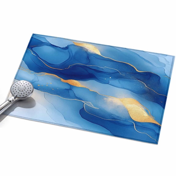 Abstract Ripple Effect Area Rug, Blue Gold Marble Texture Non-Slip Felt Rubber Backing Rectangle Indoor Carpet Washable Rugs for Living Room Bedroom 2x3ft