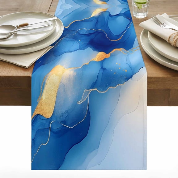 Abstract Ripple Effect Table Runner 13x36 inch Blue Gold Marble Texture Cotton Linen Dining Table Runner Ideal for Dresser Kitchen Coffee Tables - Machine Washable