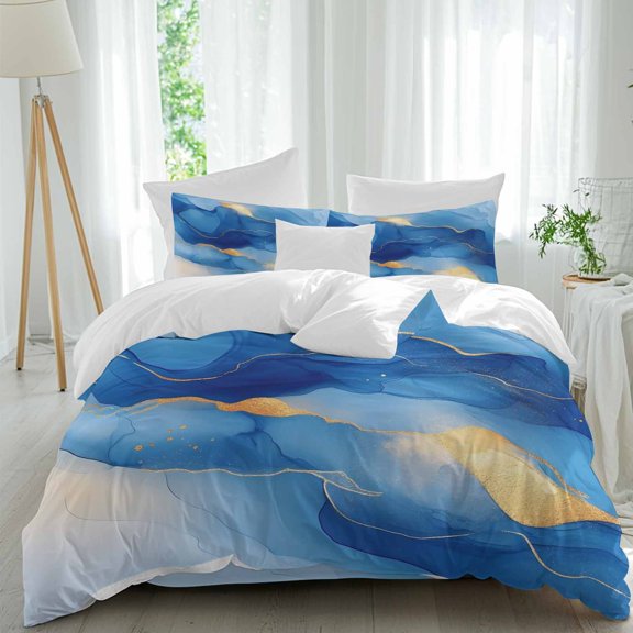 Abstract Ripple Effect Twin Duvet Cover Set, Blue Gold Marble Texture 4 Piece Microfiber Bedding Set with Zipper Closure, Bed Sheet and 2 Pillow Shams, Soft Bedding Cover