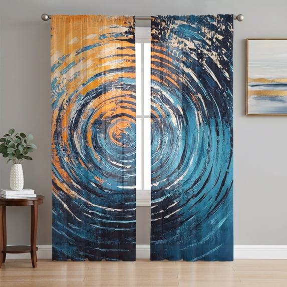 Abstract Ripples Sheer Curtains 72 Inch Length 2 Panels Set, Modern Art Orange Blue Water Surface Voile Window Treatment Rod Pocket Curtains Sheers Drapes for Bedroom/Living Room/Kitchen 52"x72"x2