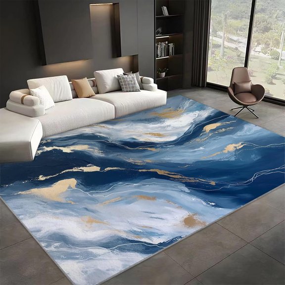 Abstract River Area Rugs, Blue Landscape Carpet, Washable Non Slip Low Pile Soft Rug for Living Room Bedroom Office Dining Room Home Decor Mat 2x3ft