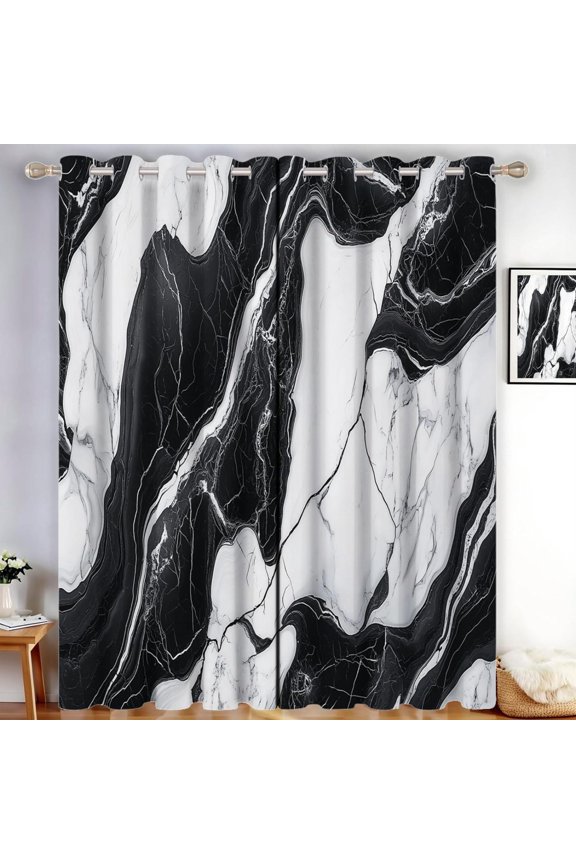 Abstract River Blackout Curtains Marble Texture Thermal Eyelet Curtains Ring Top Black And White Window Drapes For Living Room, Bedroom 38"W x 45"L (Pack of 2)
